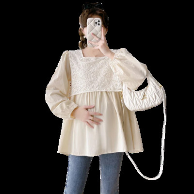 2023. aasta sügisene raseduse pitsilised särgid, pikkade varrukatega kandiline krae lahtised rasedapluusid suures suuruses rasedatele pluusid, mood top