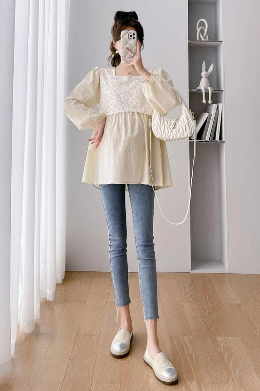 2023. aasta sügisene raseduse pitsilised särgid, pikkade varrukatega kandiline krae lahtised rasedapluusid suures suuruses rasedatele pluusid, mood top