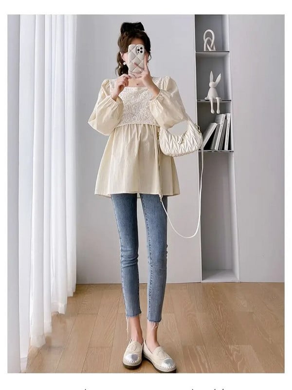 2023. aasta sügisene raseduse pitsilised särgid, pikkade varrukatega kandiline krae lahtised rasedapluusid suures suuruses rasedatele pluusid, mood top