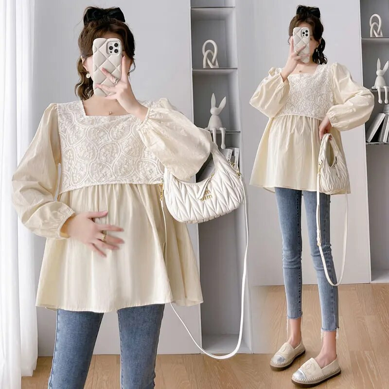 2023. aasta sügisene raseduse pitsilised särgid, pikkade varrukatega kandiline krae lahtised rasedapluusid suures suuruses rasedatele pluusid, mood top