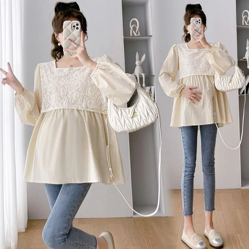 2023. aasta sügisene raseduse pitsilised särgid, pikkade varrukatega kandiline krae lahtised rasedapluusid suures suuruses rasedatele pluusid, mood top