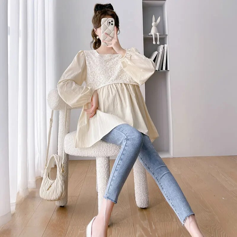 2023. aasta sügisene raseduse pitsilised särgid, pikkade varrukatega kandiline krae lahtised rasedapluusid suures suuruses rasedatele pluusid, mood top