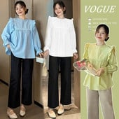 2023. aasta uued sügisesed lahtised rasedate naiste särgid, ühevärvilised, pikkade varrukatega volangid, õõnsad pitsilised plisseeritud pluusid