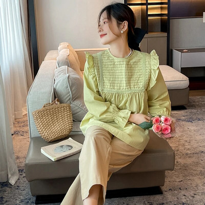 2023. aasta uued sügisesed lahtised rasedate naiste särgid, ühevärvilised, pikkade varrukatega volangid, õõnsad pitsilised plisseeritud pluusid