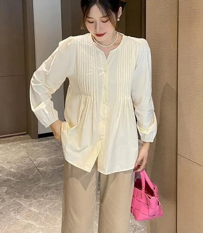 2023. aasta uued sügisesed lahtised rasedate naiste särgid, ühevärvilised, pikkade varrukatega volangid, õõnsad pitsilised plisseeritud pluusid