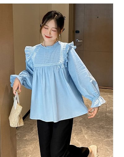 2023. aasta uued sügisesed lahtised rasedate naiste särgid, ühevärvilised, pikkade varrukatega volangid, õõnsad pitsilised plisseeritud pluusid