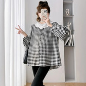 Rasedate naiste sügis Uued särgid Magusad õõnsad pitsid Peter Pan krae nööp Kärbes Rasedate ruuduline pluusid Suures suuruses riided