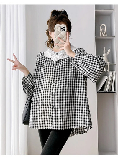 Rasedate naiste sügis Uued särgid Magusad õõnsad pitsid Peter Pan krae nööp Kärbes Rasedate ruuduline pluusid Suures suuruses riided