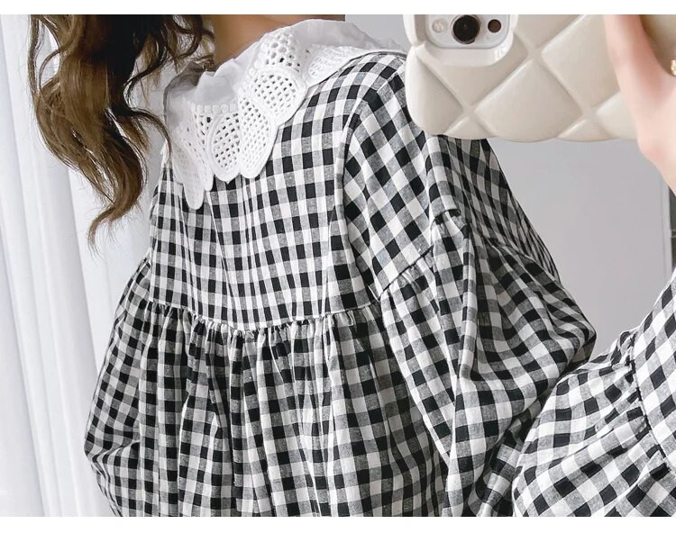 Rasedate naiste sügis Uued särgid Magusad õõnsad pitsid Peter Pan krae nööp Kärbes Rasedate ruuduline pluusid Suures suuruses riided