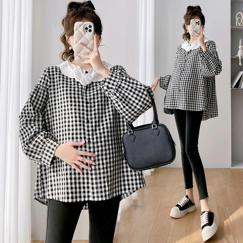 Rasedate naiste sügis Uued särgid Magusad õõnsad pitsid Peter Pan krae nööp Kärbes Rasedate ruuduline pluusid Suures suuruses riided