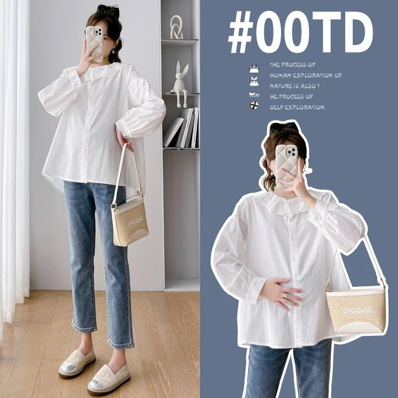 Rasedate naiste sügis Uued särgid Magusad õõnsad pitsid Peter Pan krae nööp Kärbes Rasedate ruuduline pluusid Suures suuruses riided