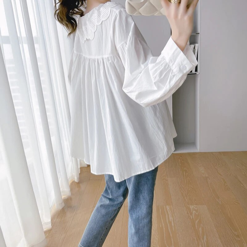 Rasedate naiste sügis Uued särgid Magusad õõnsad pitsid Peter Pan krae nööp Kärbes Rasedate ruuduline pluusid Suures suuruses riided