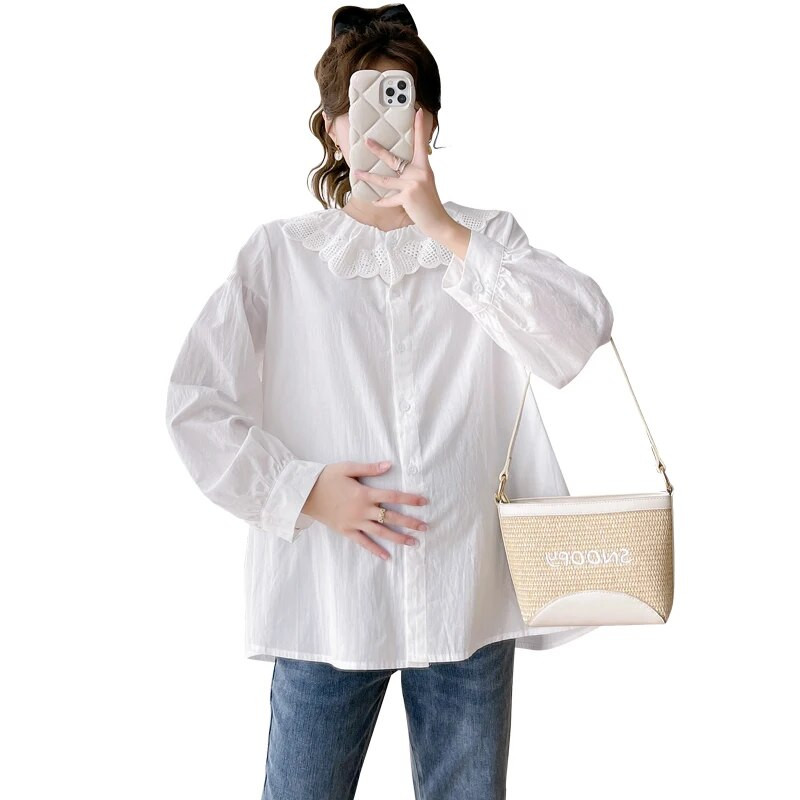 Rasedate naiste sügis Uued särgid Magusad õõnsad pitsid Peter Pan krae nööp Kärbes Rasedate ruuduline pluusid Suures suuruses riided