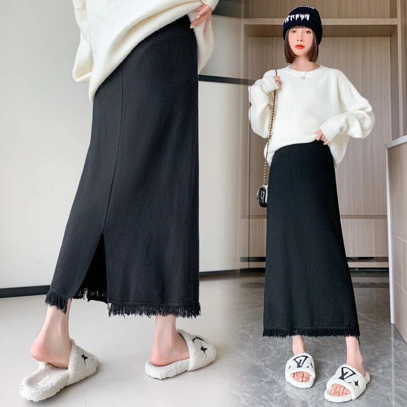 Sügis- ja talvine rasedate naiste kootud narmastega seelik kõrge vöökohaga tutt-äär Raseduse sirge seelik pahkluuni ulatuv kõhuseelik