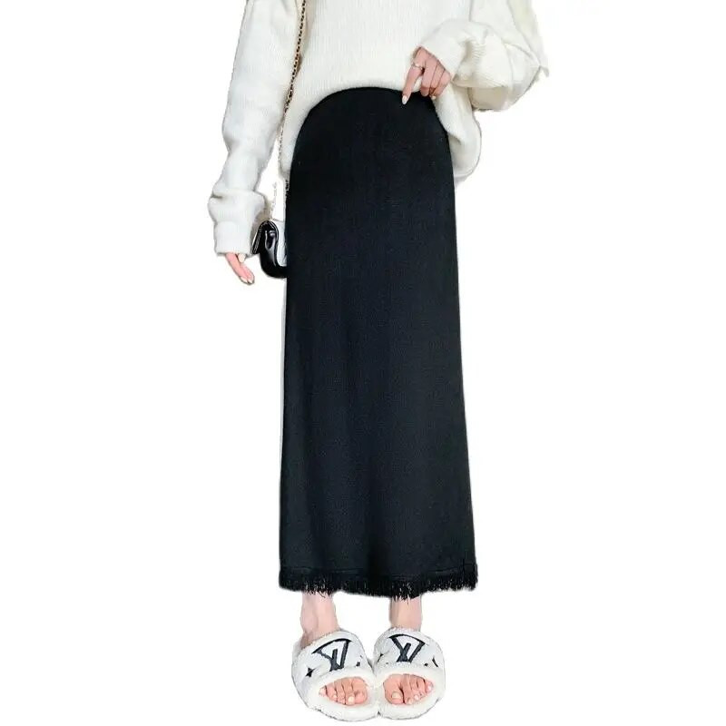 Sügis- ja talvine rasedate naiste kootud narmastega seelik kõrge vöökohaga tutt-äär Raseduse sirge seelik pahkluuni ulatuv kõhuseelik