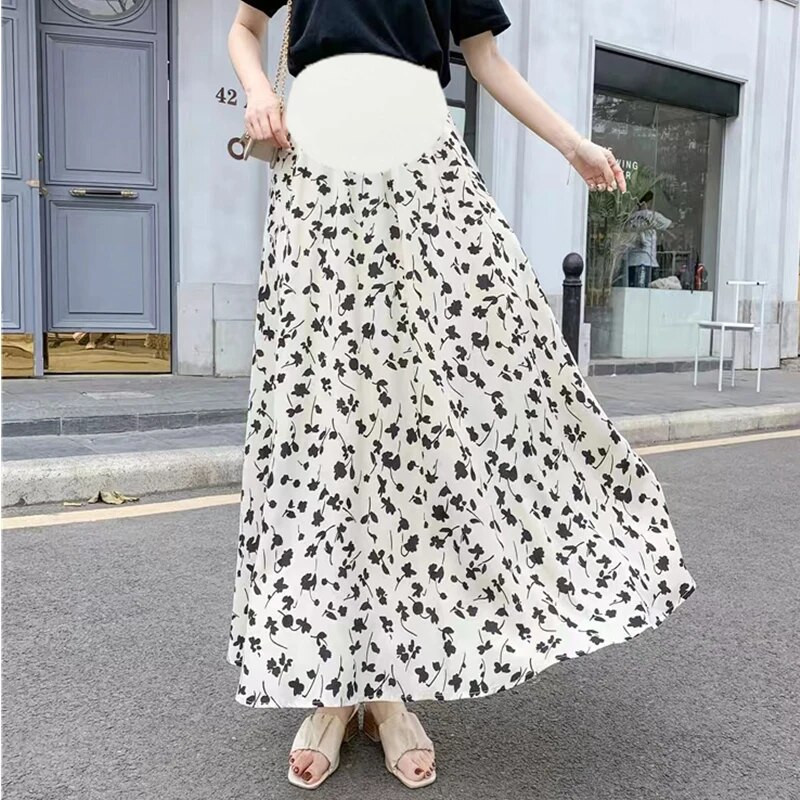 Ljetna modna dugačka suknja za trudnice, visokog struka, do poda, trudnička suknja A-kroja, trudnička suknja od šifona s cvjetnim uzorcima veće veličine