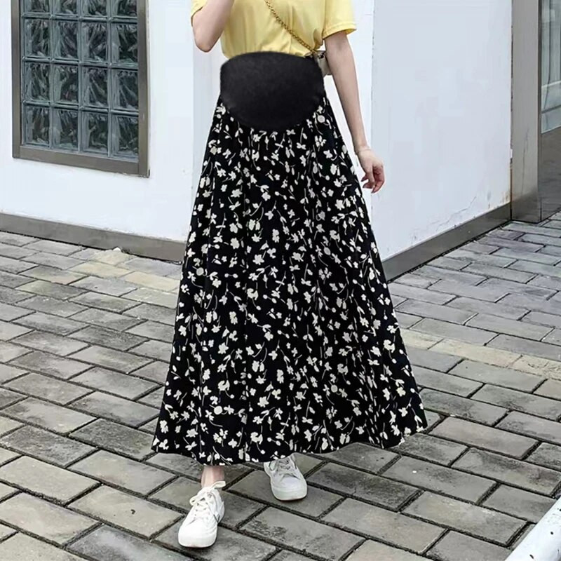 Ljetna modna dugačka suknja za trudnice, visokog struka, do poda, trudnička suknja A-kroja, trudnička suknja od šifona s cvjetnim uzorcima veće veličine