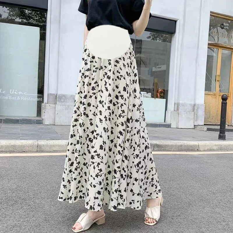 Ljetna modna dugačka suknja za trudnice, visokog struka, do poda, trudnička suknja A-kroja, trudnička suknja od šifona s cvjetnim uzorcima veće veličine