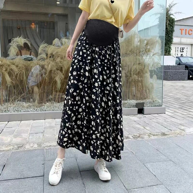 Ljetna modna dugačka suknja za trudnice, visokog struka, do poda, trudnička suknja A-kroja, trudnička suknja od šifona s cvjetnim uzorcima veće veličine