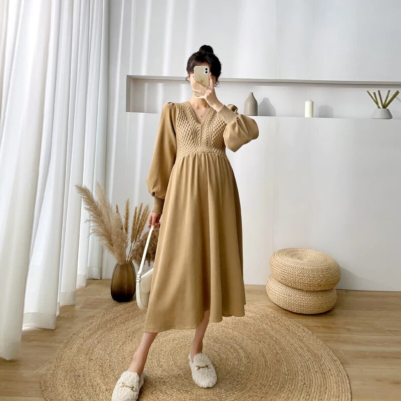 241# Φθινοπωρινά Χονδρά Πουλόβερ Χειμώνας Συνονθύλευμα Κοτλέ Φόρεμα εγκυμοσύνης Μόδα Ins A Line Ρούχα για έγκυες γυναίκες Εγκυμοσύνη