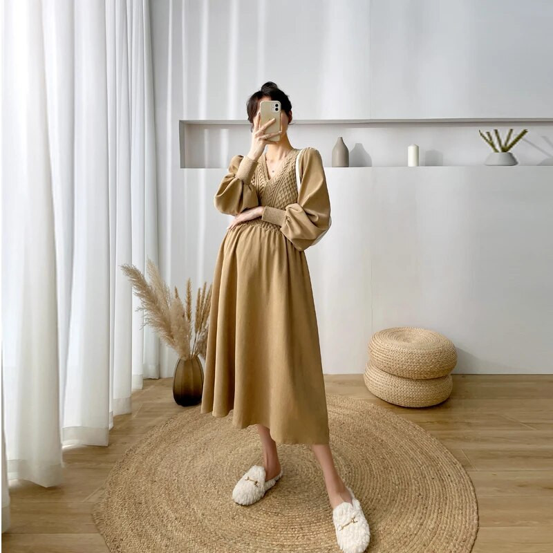 241# Φθινοπωρινά Χονδρά Πουλόβερ Χειμώνας Συνονθύλευμα Κοτλέ Φόρεμα εγκυμοσύνης Μόδα Ins A Line Ρούχα για έγκυες γυναίκες Εγκυμοσύνη