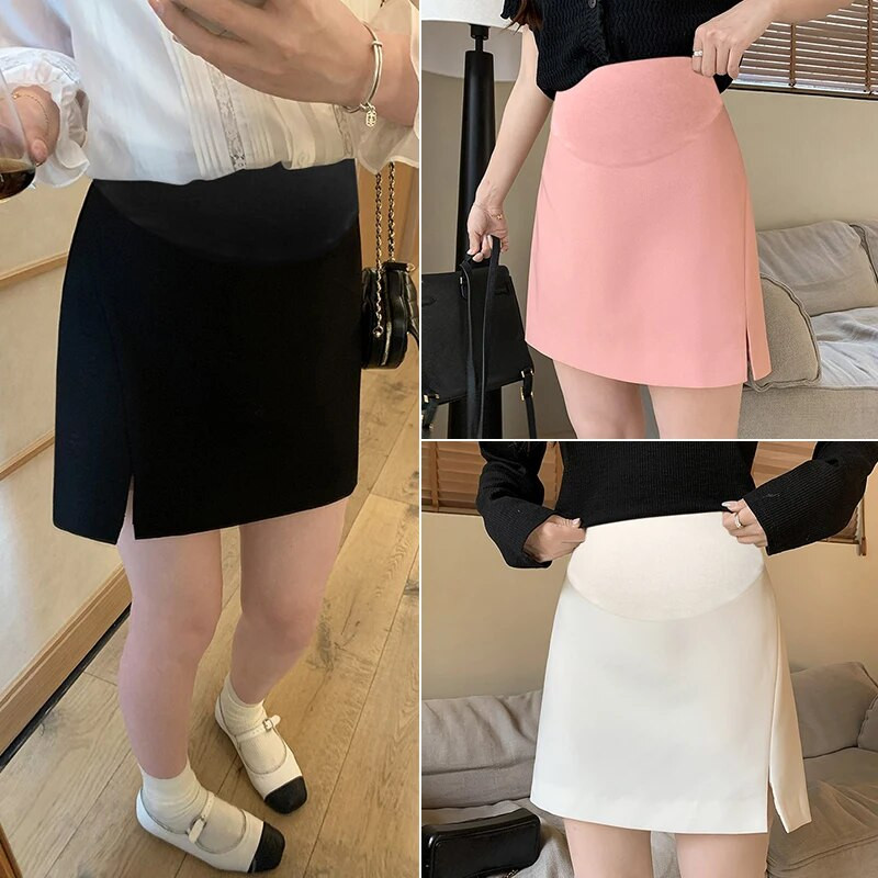 Suvised rasedate ülikonnad seelikud kõrge vöökohaga, õhukesed puusad, küljelt poolitatud kontoris naiste pliiatsseelikud ühevärvilised rasedate naiste miniseelikud