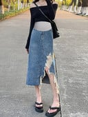 Ebaregulaarsed rasedatele mõeldud teksaseelikud aukudega tutiäärega kõrge vöökoht, pool lõhenenud raseda naise sirged seelikud rasedatele mõeldud riided