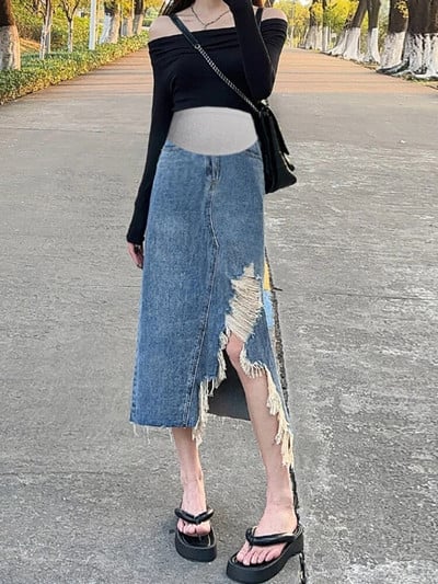 Ebaregulaarsed rasedatele mõeldud teksaseelikud aukudega tutiäärega kõrge vöökoht, pool lõhenenud raseda naise sirged seelikud rasedatele mõeldud riided