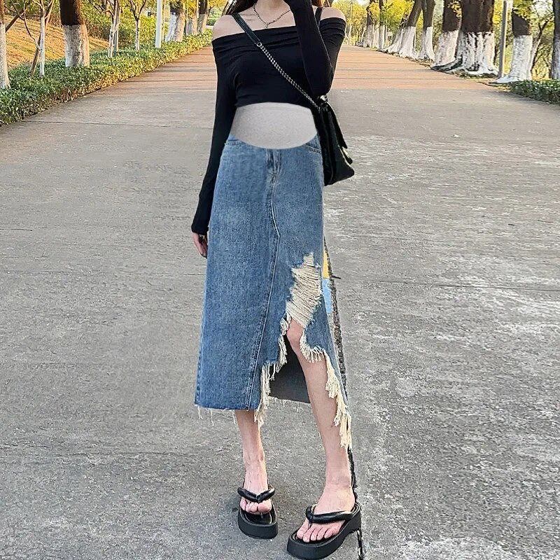 Ebaregulaarsed rasedatele mõeldud teksaseelikud aukudega tutiäärega kõrge vöökoht, pool lõhenenud raseda naise sirged seelikud rasedatele mõeldud riided