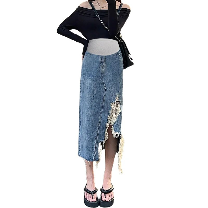 Ebaregulaarsed rasedatele mõeldud teksaseelikud aukudega tutiäärega kõrge vöökoht, pool lõhenenud raseda naise sirged seelikud rasedatele mõeldud riided