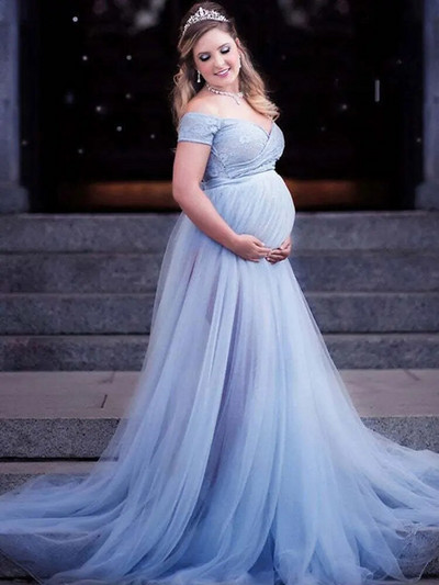 Pitsist rasedate kleidid fotosessiooniks Tüll Seksikad õlast väljas Rasedus Maxi hommikumantlid Pulmapeokleidid rasedatele