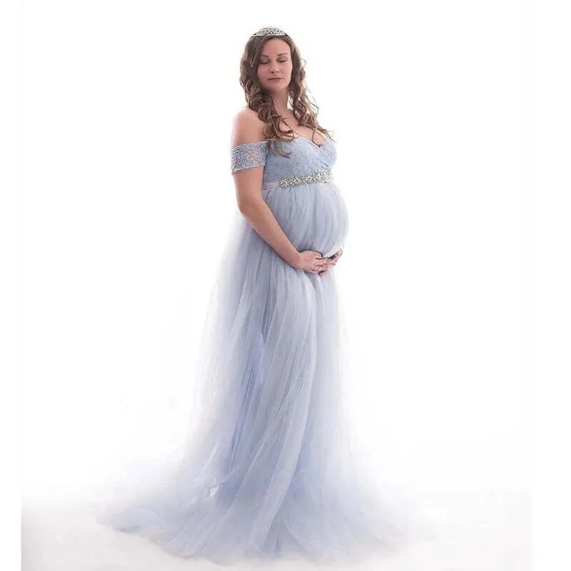 Pitsist rasedate kleidid fotosessiooniks Tüll Seksikad õlast väljas Rasedus Maxi hommikumantlid Pulmapeokleidid rasedatele