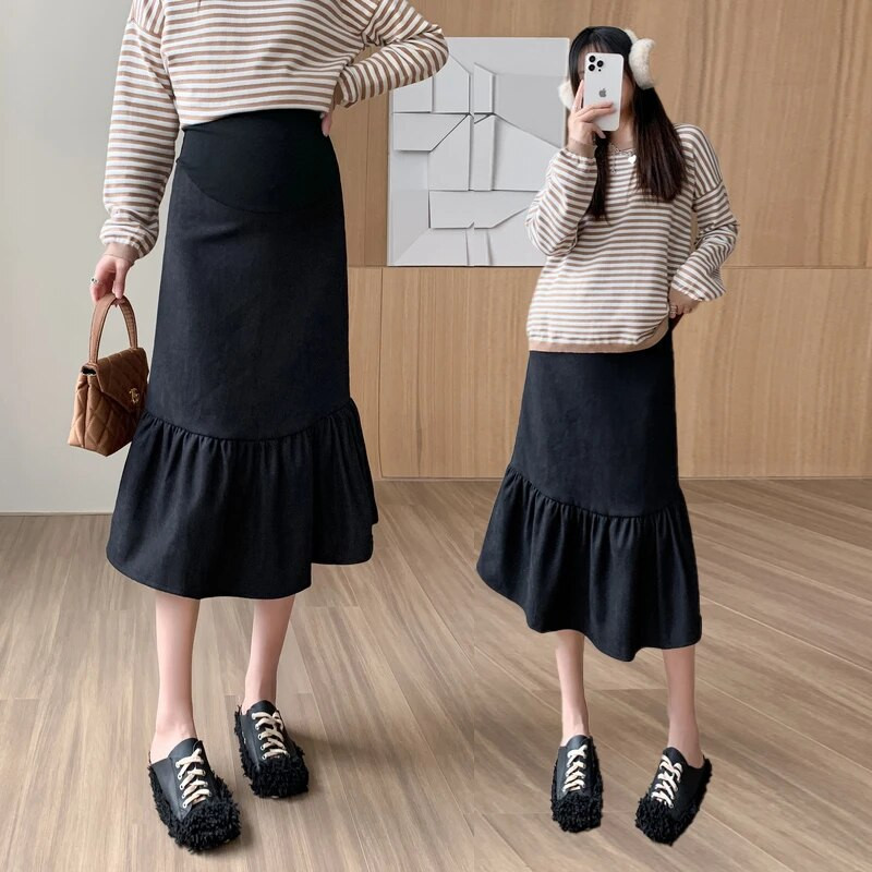 Sügisene rasedate naiste seelik kõrge vöökohaga seelik Korea stiilis rasedate merineitsi seelikud Mustad rasedatele mõeldud trompetiseelikud hulgimüük