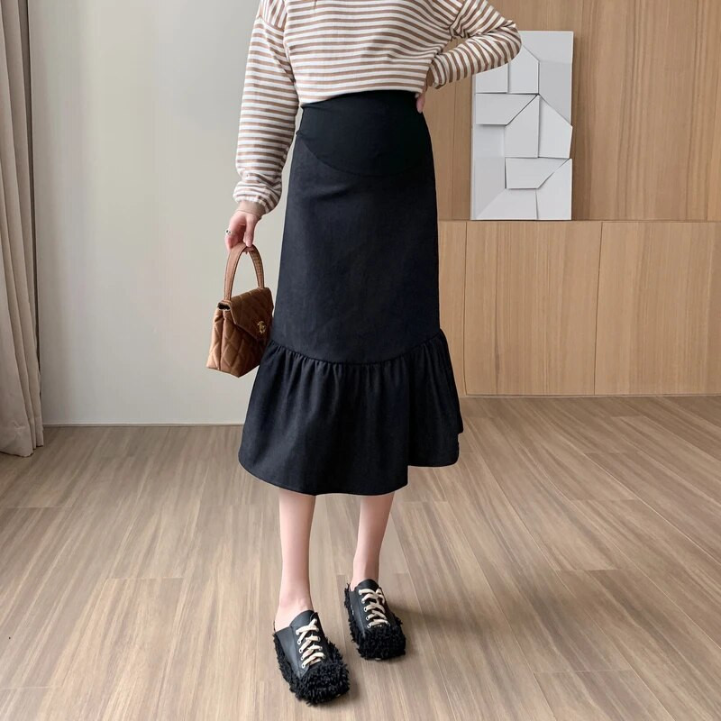 Sügisene rasedate naiste seelik kõrge vöökohaga seelik Korea stiilis rasedate merineitsi seelikud Mustad rasedatele mõeldud trompetiseelikud hulgimüük