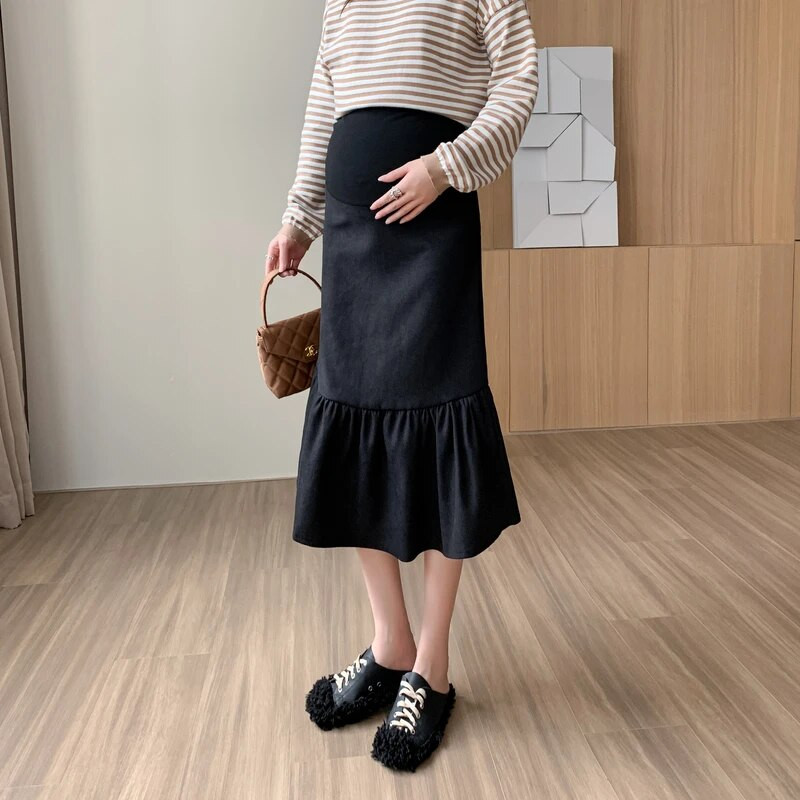 Sügisene rasedate naiste seelik kõrge vöökohaga seelik Korea stiilis rasedate merineitsi seelikud Mustad rasedatele mõeldud trompetiseelikud hulgimüük