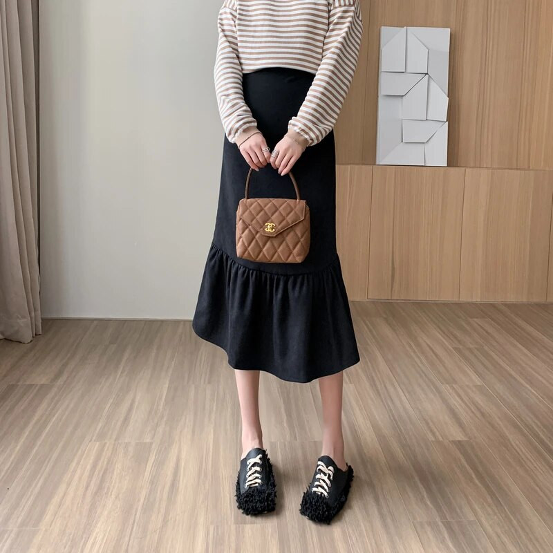 Sügisene rasedate naiste seelik kõrge vöökohaga seelik Korea stiilis rasedate merineitsi seelikud Mustad rasedatele mõeldud trompetiseelikud hulgimüük