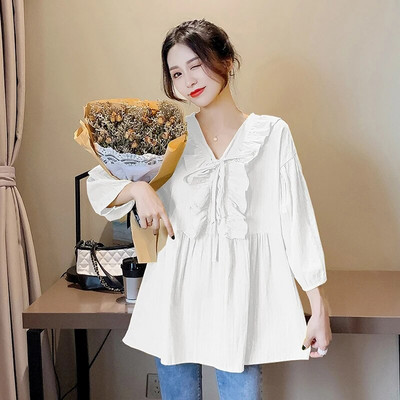 Ανοιξιάτικη λαιμόκοψη V 2023 Φαρδιά μόδα Γλυκά πουκάμισα εγκυμοσύνης Βολάν συνονθύλευμα Μακρυμάνικα Έγκυος Βαμβακερές μπλούζες Φαρδιά μπλούζες