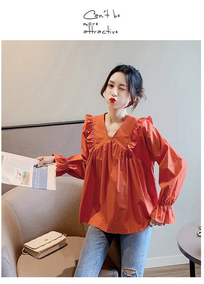 Ανοιξιάτικη λαιμόκοψη V 2023 Φαρδιά μόδα Γλυκά πουκάμισα εγκυμοσύνης Βολάν συνονθύλευμα Μακρυμάνικα Έγκυος Βαμβακερές μπλούζες Φαρδιά μπλούζες