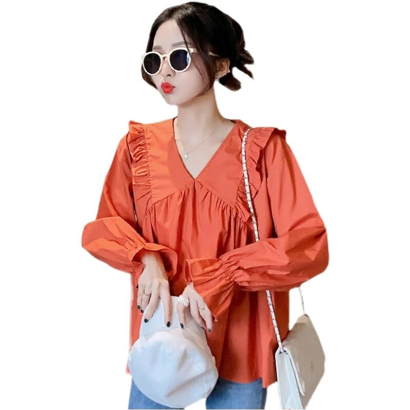 Ανοιξιάτικη λαιμόκοψη V 2023 Φαρδιά μόδα Γλυκά πουκάμισα εγκυμοσύνης Βολάν συνονθύλευμα Μακρυμάνικα Έγκυος Βαμβακερές μπλούζες Φαρδιά μπλούζες