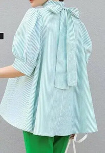 Korėjietiško stiliaus nėščių moterų madingi marškiniai su dideliu lanku, laisvos motinystės palaidinės trumpomis rankovėmis, stovinčios apykakle, žibintuvėlio rankovėmis