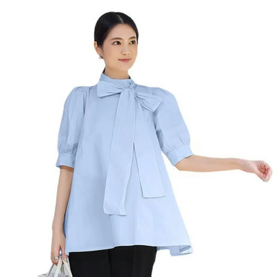 Модни ризи за бременни в корейски стил с голяма панделка Свободни блузи за бременни с къс ръкав Риза с ръкав тип фенер