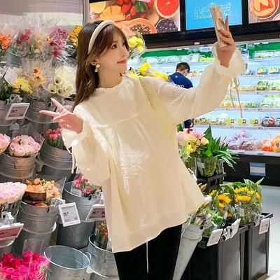 Rasedate naiste kevad- ja sügismoe stiil Trendikas ema pikkade varrukatega särk Creative ühevärviline šifoonist rasedate topp LE998