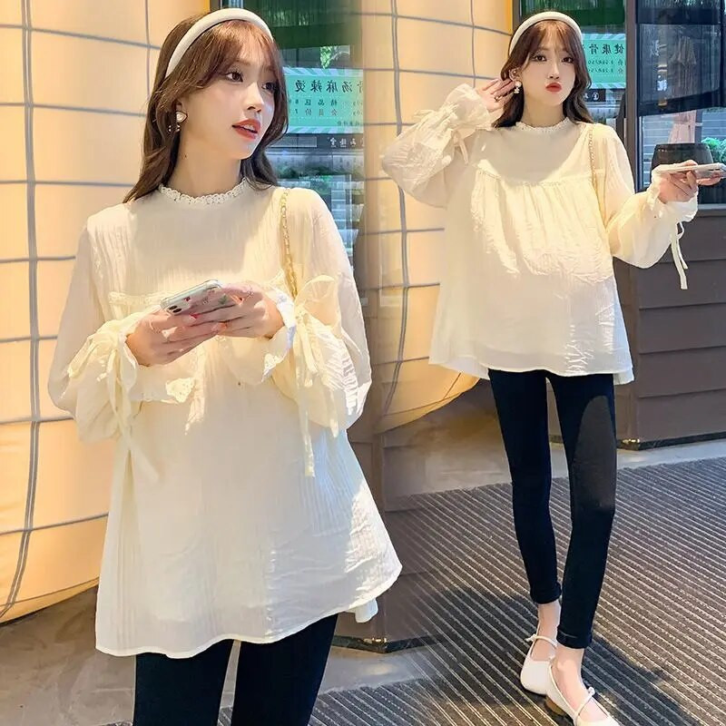 Rasedate naiste kevad- ja sügismoe stiil Trendikas ema pikkade varrukatega särk Creative ühevärviline šifoonist rasedate topp LE998