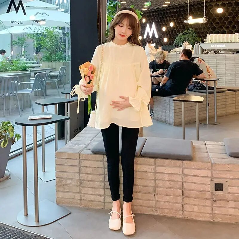 Rasedate naiste kevad- ja sügismoe stiil Trendikas ema pikkade varrukatega särk Creative ühevärviline šifoonist rasedate topp LE998