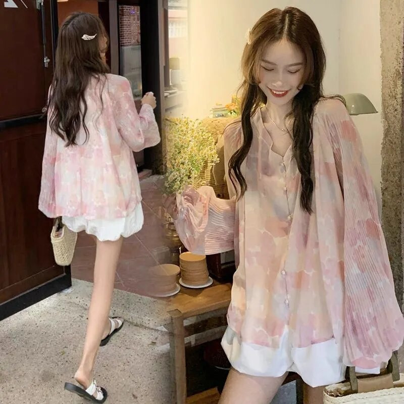 2023. aasta rasedate naiste korea stiilis suvine šifoonist särk pikkade varrukatega top Loov lillemustriga trükkimine rasedatele LF008