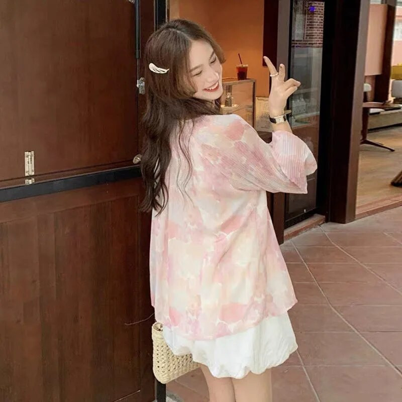 2023. aasta rasedate naiste korea stiilis suvine šifoonist särk pikkade varrukatega top Loov lillemustriga trükkimine rasedatele LF008