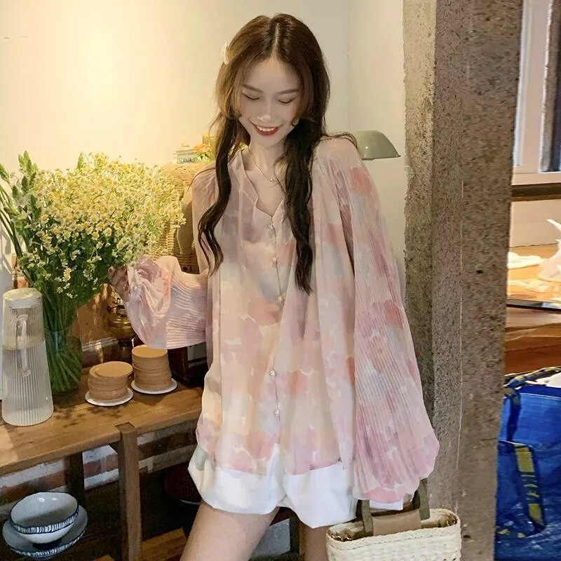 2023. aasta rasedate naiste korea stiilis suvine šifoonist särk pikkade varrukatega top Loov lillemustriga trükkimine rasedatele LF008