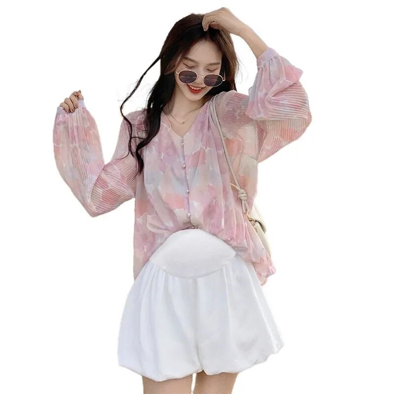 2023. aasta rasedate naiste korea stiilis suvine šifoonist särk pikkade varrukatega top Loov lillemustriga trükkimine rasedatele LF008