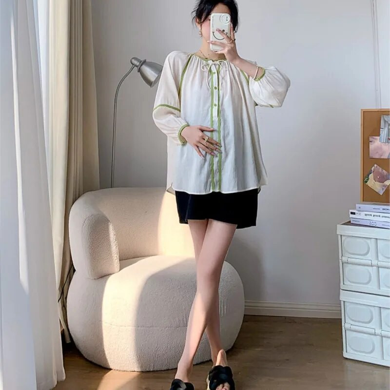 Creative rasedate naiste suvine kontrastne hingav top šifoonsärk vabaaja pikkade varrukatega ühevärviline rasedate topp LF010