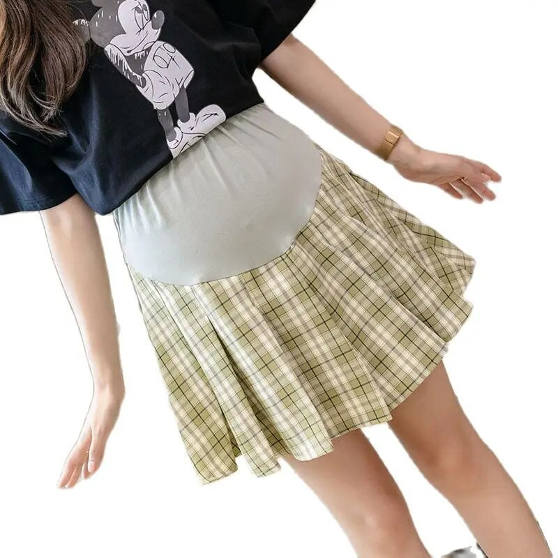 2023. gada vasaras svārki grūtniecēm Vasaras moderni rūtaini svārki ar augstu vidukli Grūtnieču kroku svārki grūtniecēm, īsi svārki